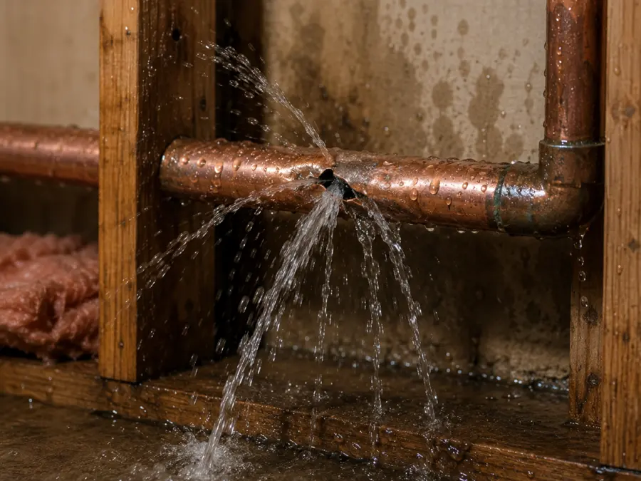 A frozen pipe that burst and sprayed water in an Antioch, IL wall